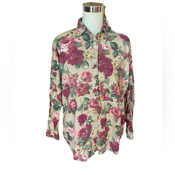 Krazy Kay Long Sleeve Blouse Tan Pink Wine Floral - Picture 6 of 6